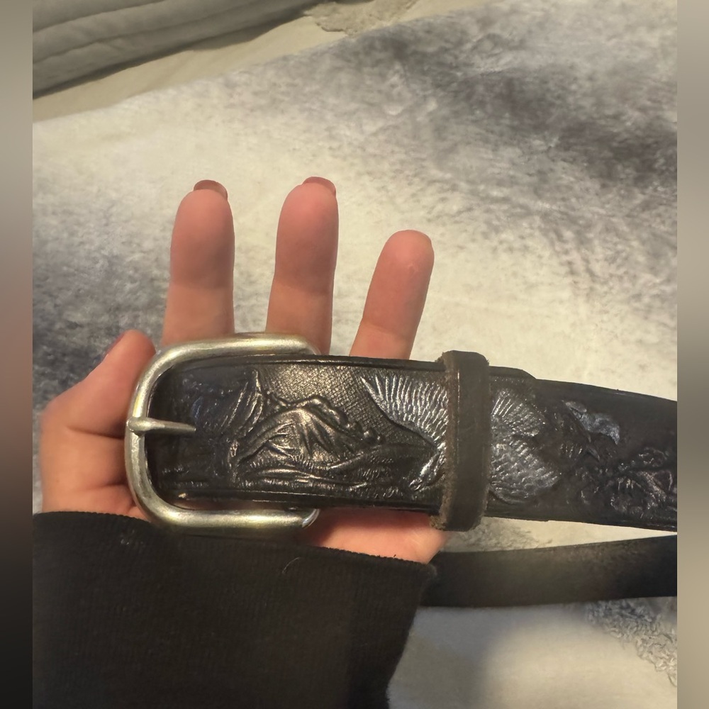 Men’s Black Leather Belt with Eagle Detail & Silver Buckle